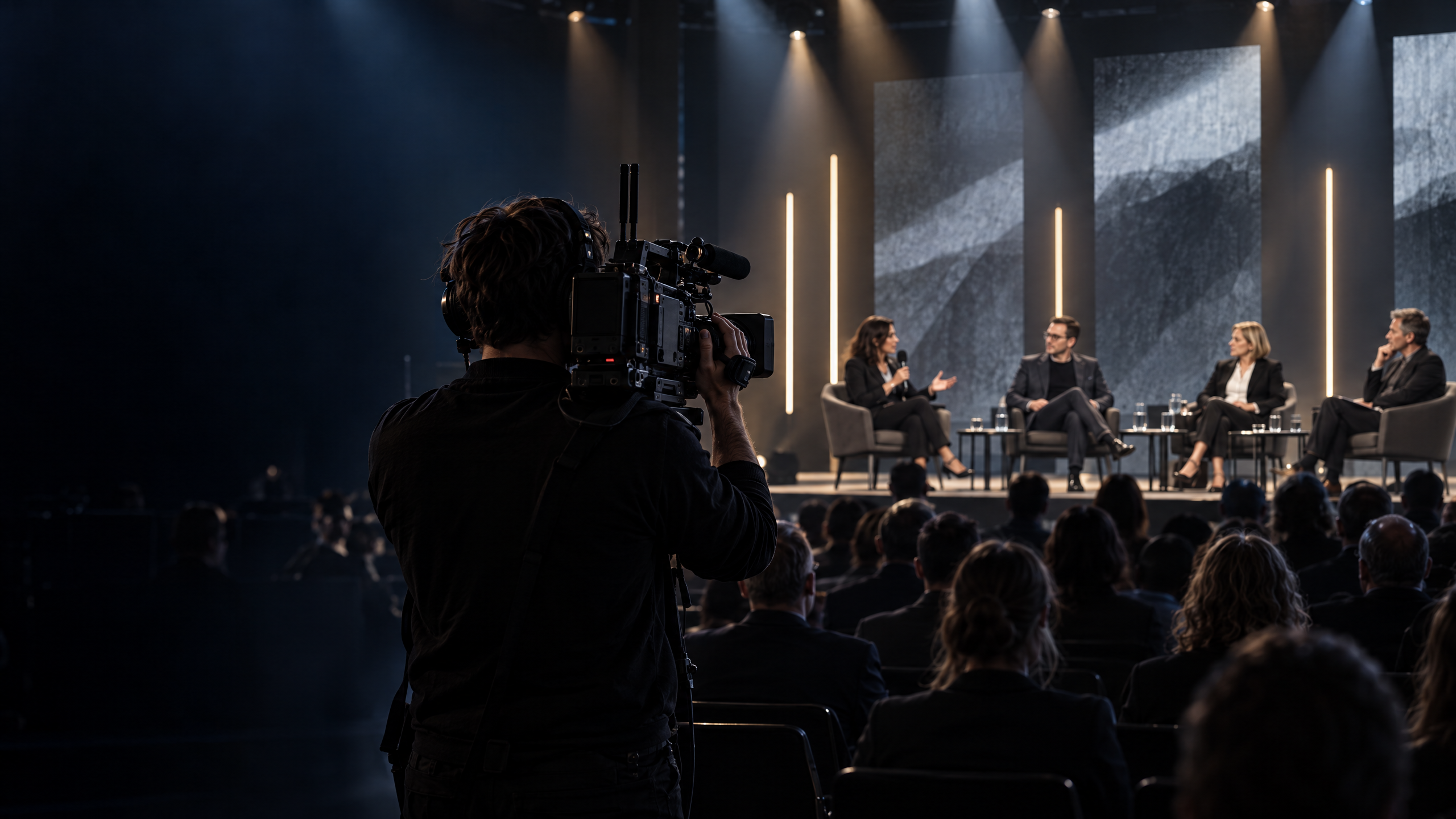 Kameramann bei einer Paneldiskussion auf einer Bühne